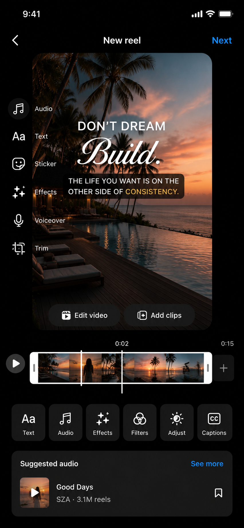 Instagram Reel editing screen