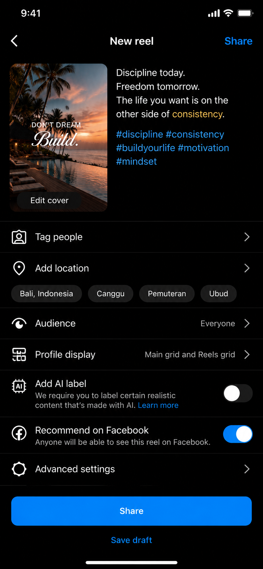 Instagram Reel share screen