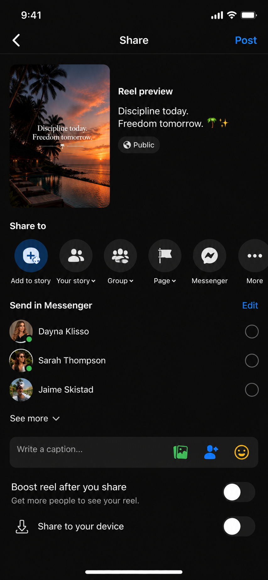 Facebook Reel share screen