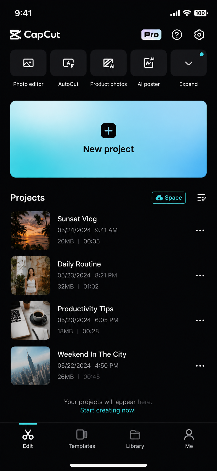 CapCut home screen
